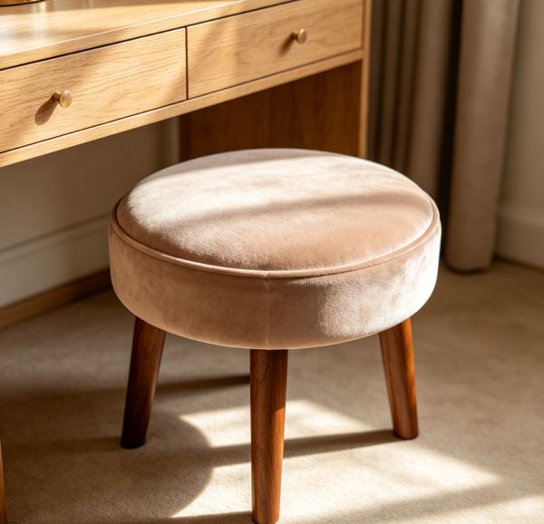 Round Velvet Upholstered Makeup Stool with Wooden Legs