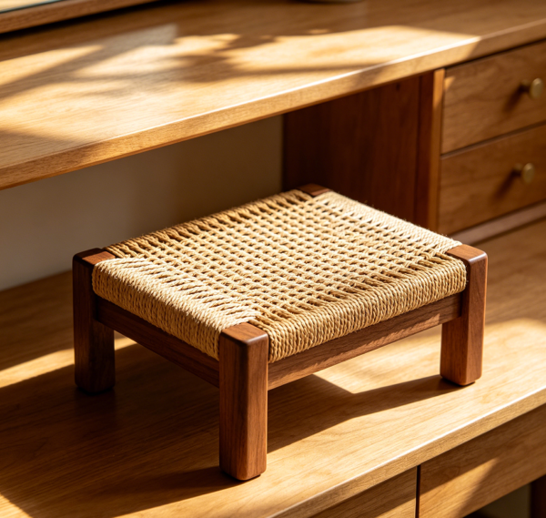 Low Profile Wooden Makeup Stool with Woven Rattan Seat